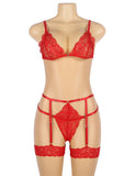 Black & Red Lace Hollow Out Design Garter Belt Leg Ring Bra Set