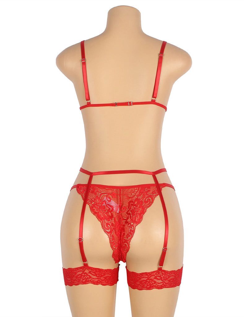 Black & Red Lace Hollow Out Design Garter Belt Leg Ring Bra Set