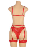 Black & Red Lace Hollow Out Design Garter Belt Leg Ring Bra Set