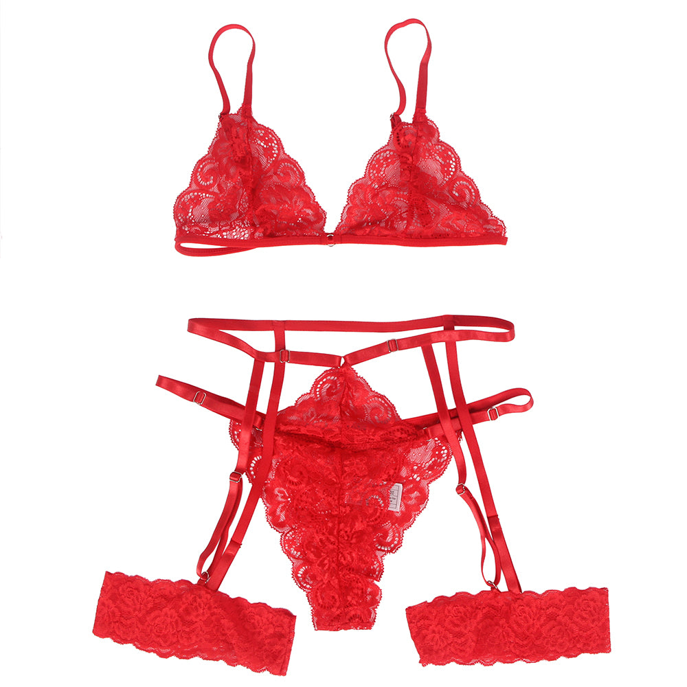 Black & Red Lace Hollow Out Design Garter Belt Leg Ring Bra Set