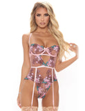 Sexy Colorful Floral Open Crotch Pink Teddy Lingerie