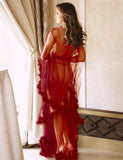 Sexy Plush Edging Mesh Wide Sleeves Robe With Belt