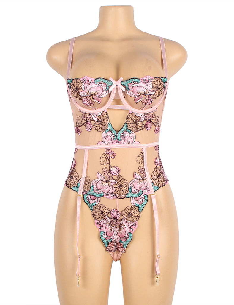 Sexy Colorful Floral Open Crotch Pink Teddy Lingerie