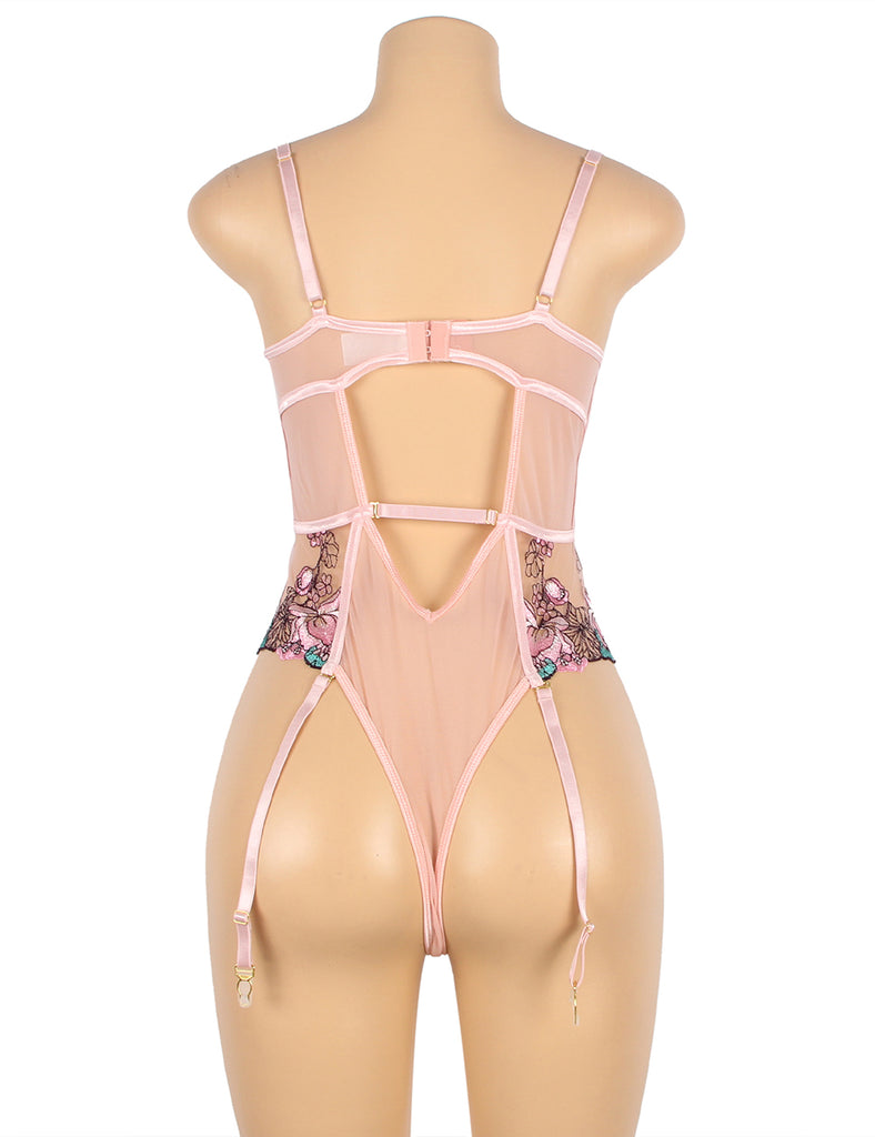 Sexy Colorful Floral Open Crotch Pink Teddy Lingerie