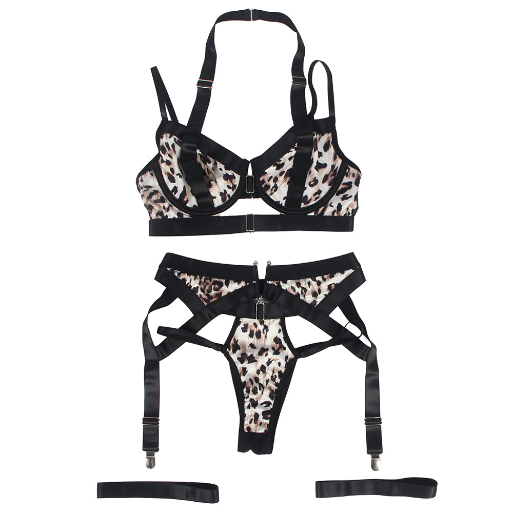 Leopard Print Bra Set with Detachable Garter Belt