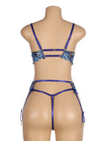 Blue Floral Lace Underwire Garter Bra Set