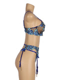 Blue Floral Lace Underwire Garter Bra Set
