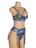 Blue Floral Lace Underwire Garter Bra Set