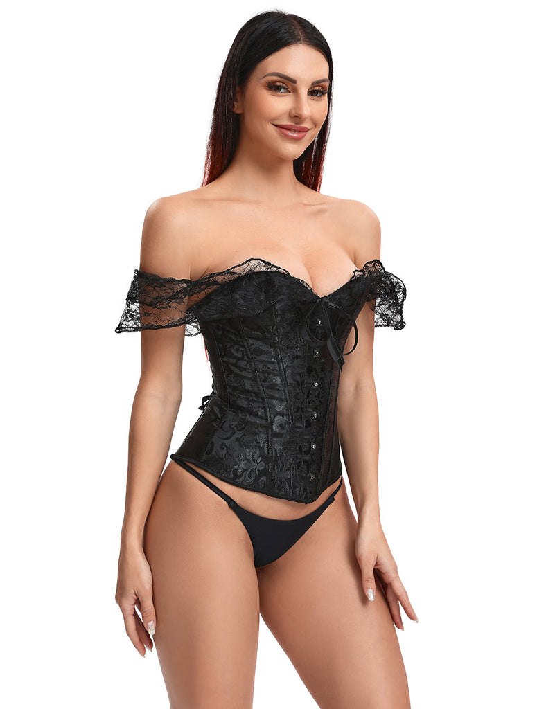 New Black off Shoulder 12 Steel Bones Lace Corset with Panties
