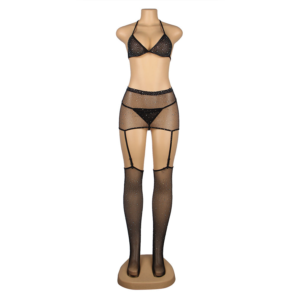 New Black Sexy Diamond Fishnet Bodystocking with Gloves