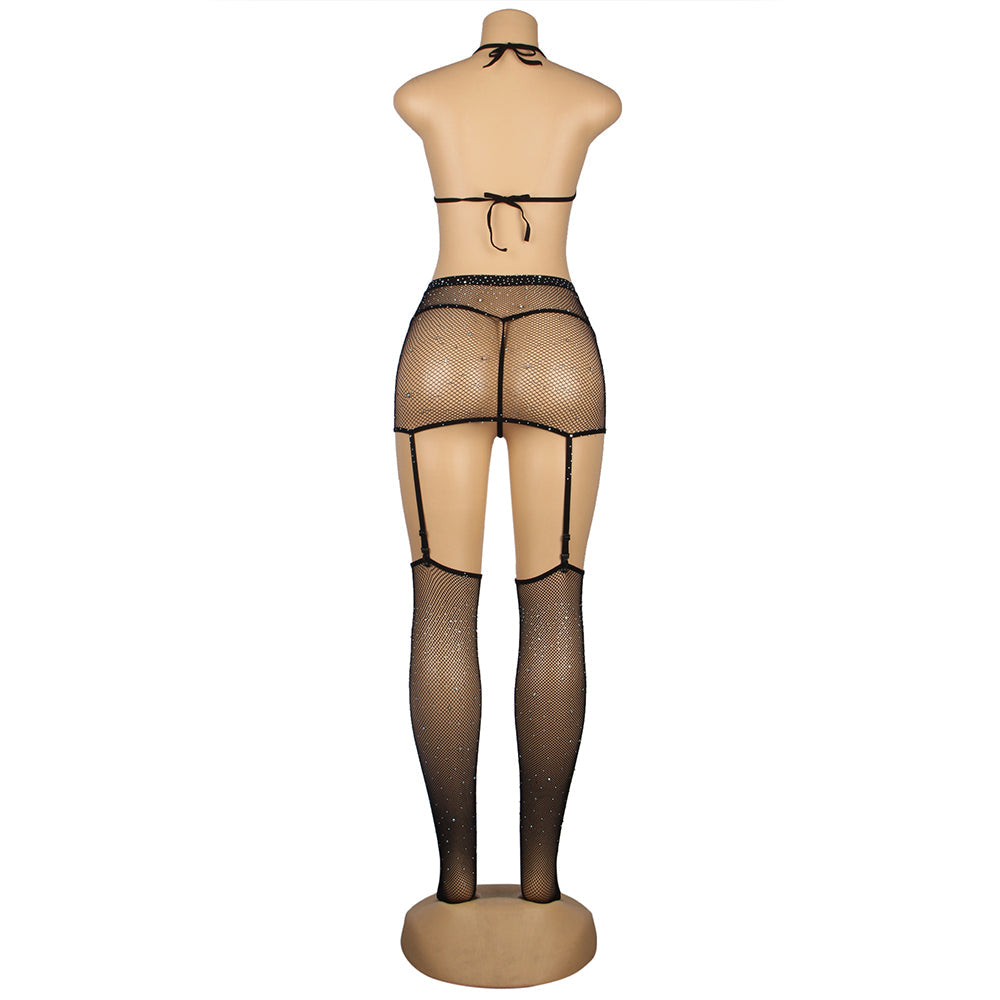 New Black Sexy Diamond Fishnet Bodystocking with Gloves