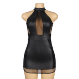 Sexy Solid Black Color Halter Leather Lingerie Dress