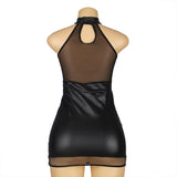 Sexy Solid Black Color Halter Leather Lingerie Dress
