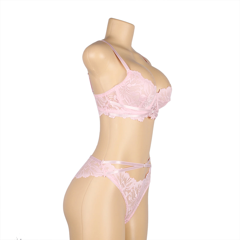 Pink Floral Lace Adjustable Strap Underwire Bra Set