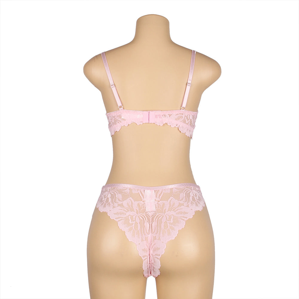 Pink & Black Floral Lace Adjustable Strap Underwire Bra Set