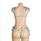 Blue Floral Embroidery Lace Detachable Strap Bra Set