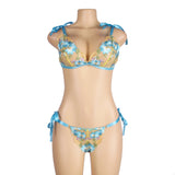 Blue Floral Embroidery Lace Detachable Strap Bra Set