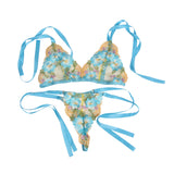 Blue Floral Embroidery Lace Detachable Strap Bra Set