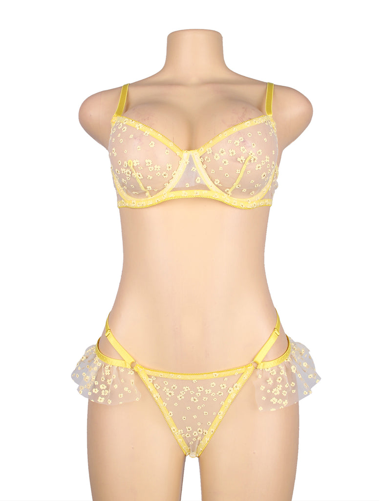 Yellow Floral Mesh Underwire Sexy Bra Set