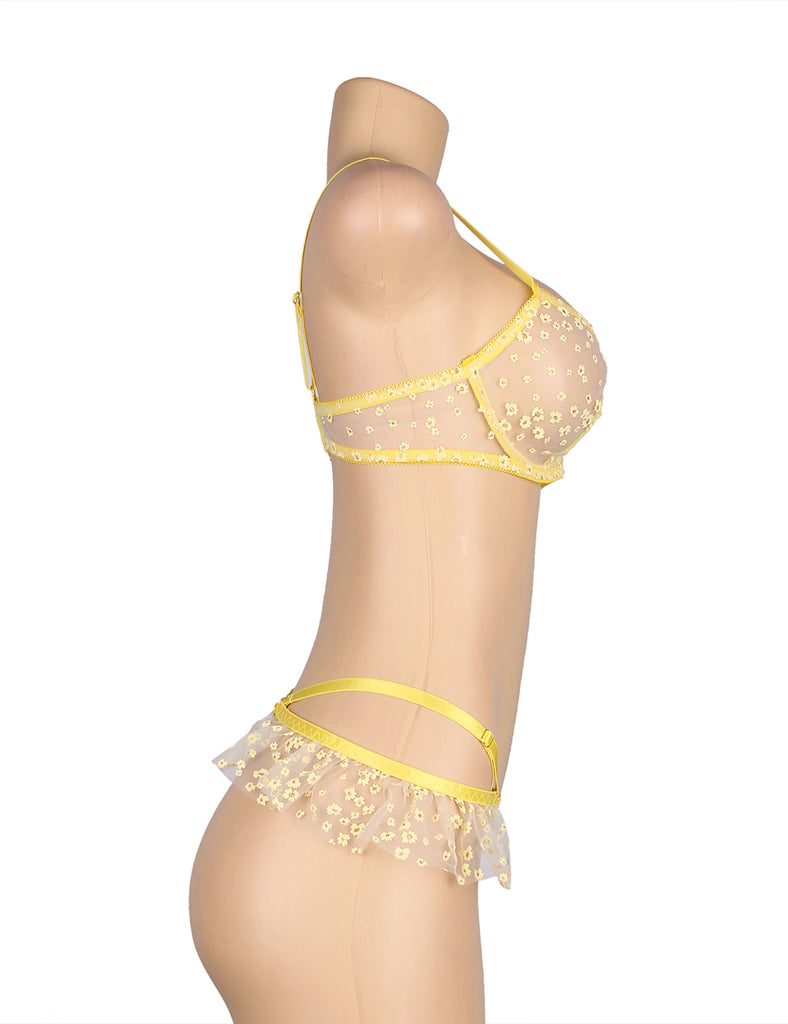 Yellow Floral Mesh Underwire Sexy Bra Set