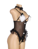 Black Hollow Out Fur Decoration Bra Design Cat Sexy Costumes