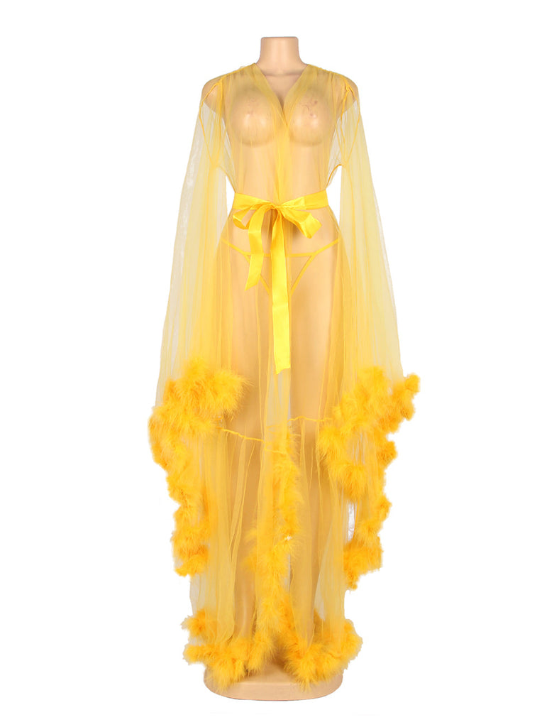 New Sexy Plush Edging Mesh Wide Sleeves Robe With Belt