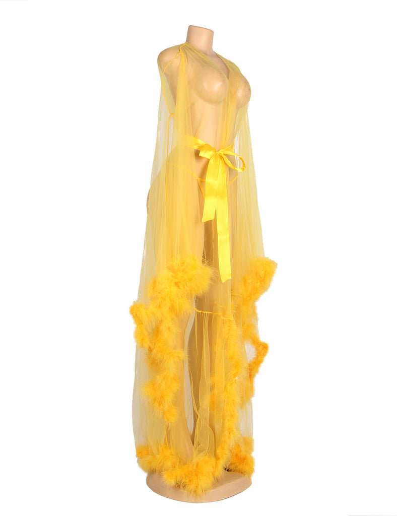Sexy Plush Edging Mesh Wide Sleeves Robe With Belt