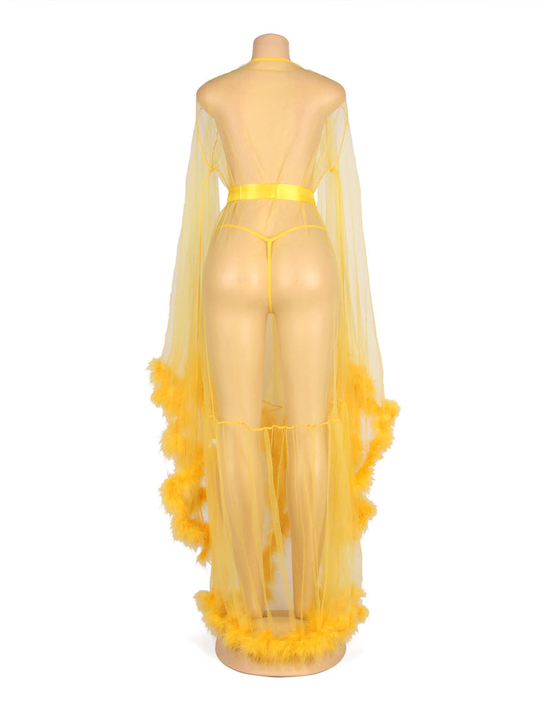 New Sexy Plush Edging Mesh Wide Sleeves Robe With Belt