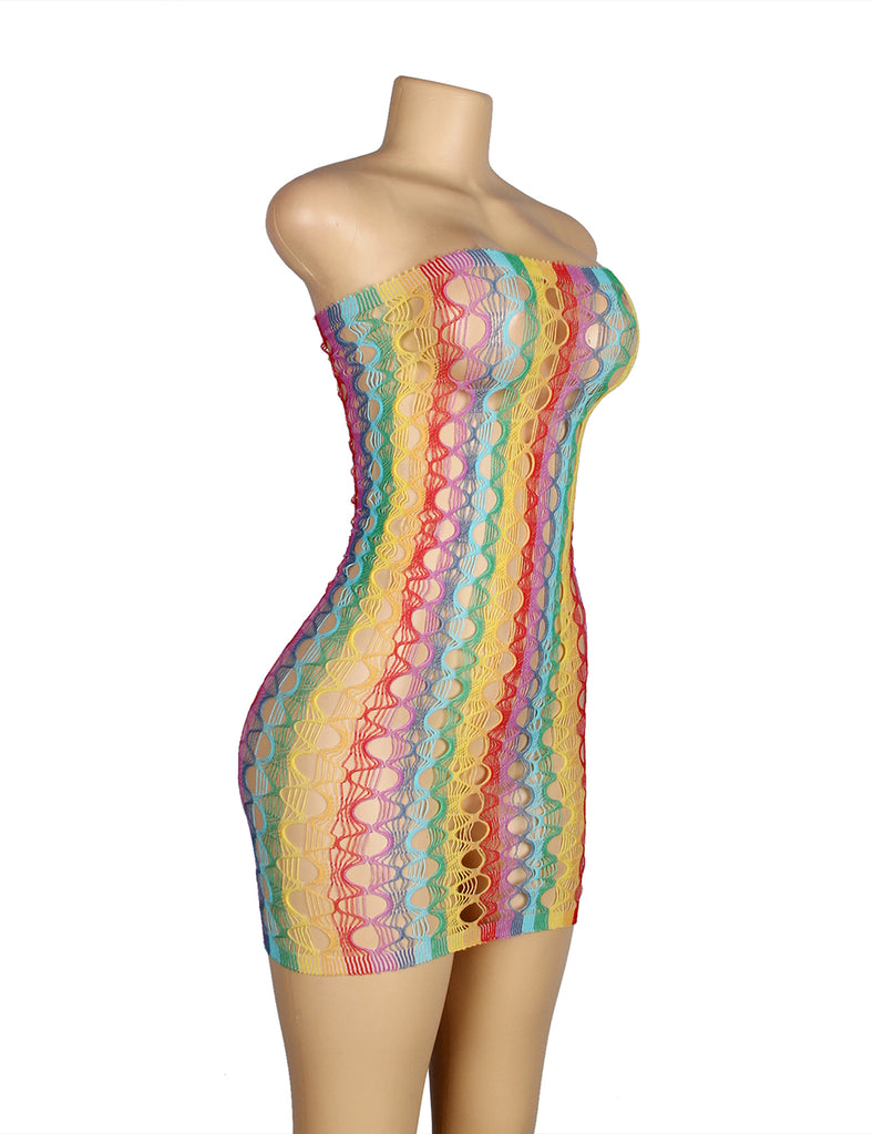 Rainbow Colorful Off Shoulder Fishnet Bodystocking