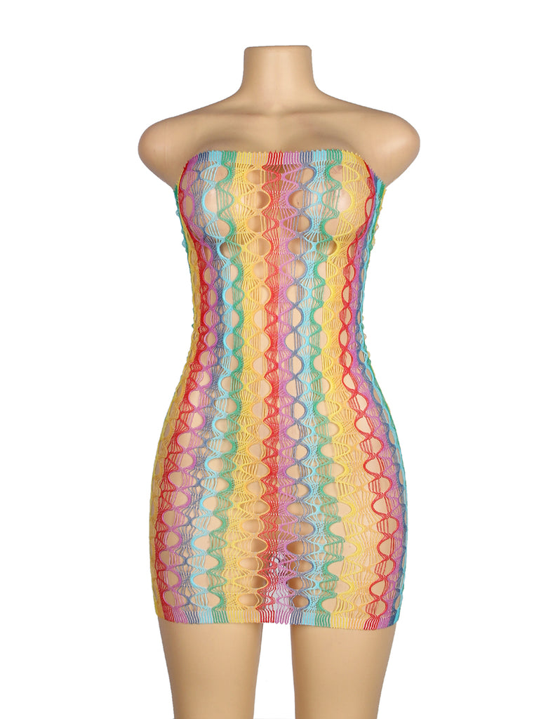 Rainbow Colorful Off Shoulder Fishnet Bodystocking