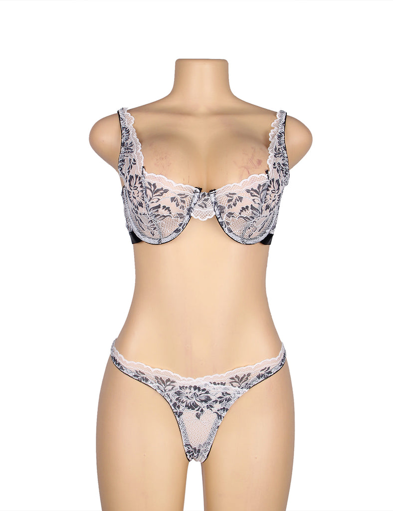 Black Floral Lace Underwire White Bra Set
