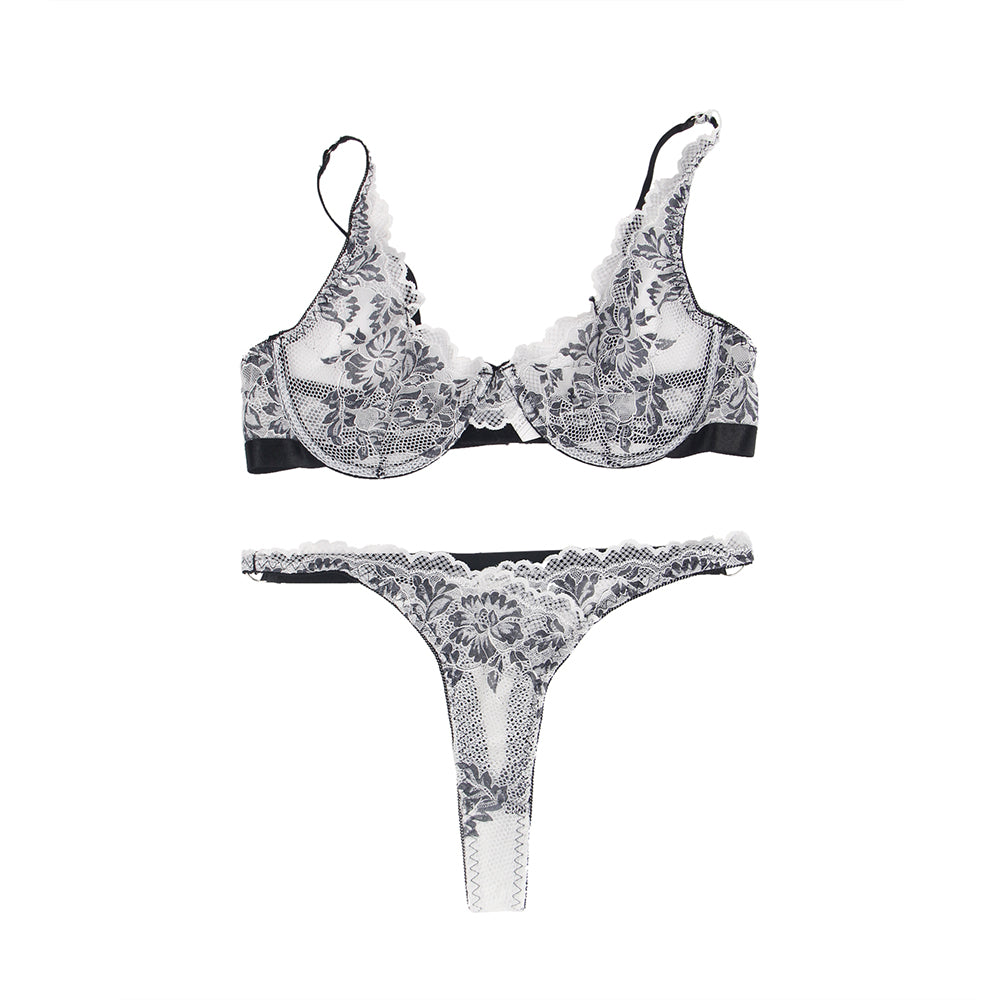 Black Floral Lace Underwire White Bra Set