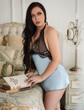 Halter Sexy Deep V Neck Backless Blue Lingerie Dress