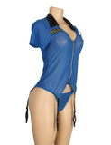 Blue Zipper Front Sexy Garter Belt Police Costume with Handcuffs