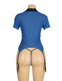 Blue Zipper Front Sexy Garter Belt Police Costume with Handcuffs