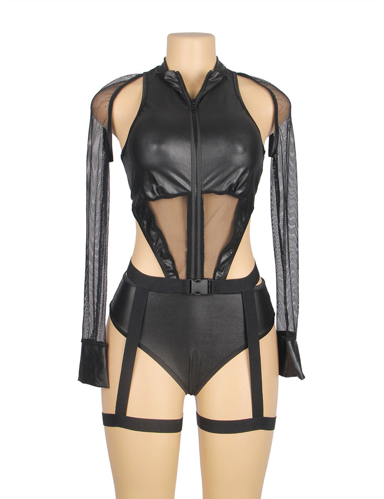 Black Zipper Front Long Sleeve Leather Devil Sexy Costume