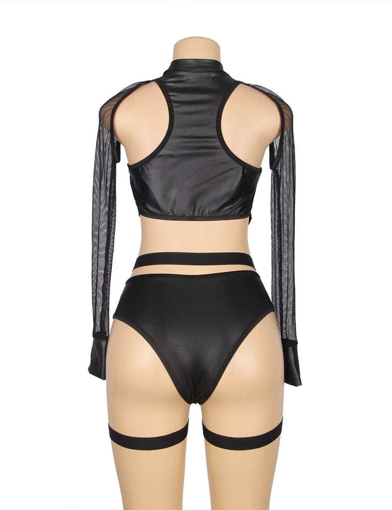 Black Zipper Front Long Sleeve Leather Devil Sexy Costume