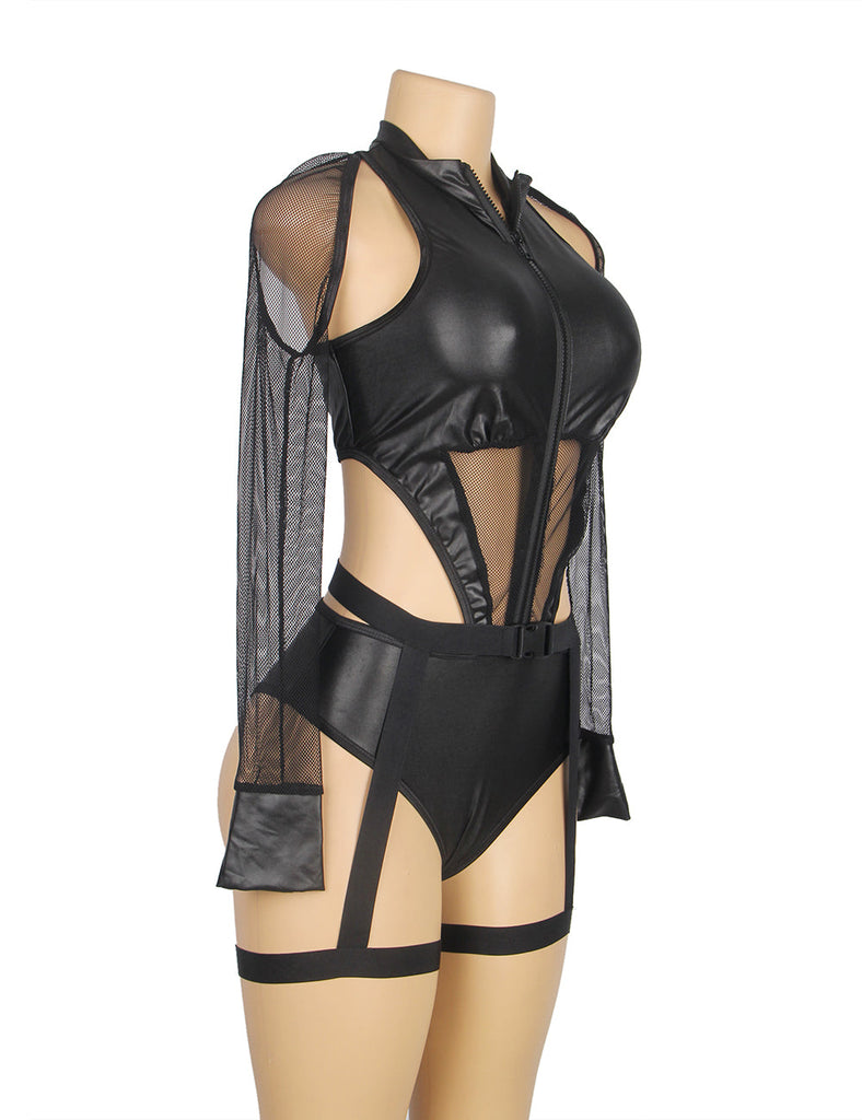 Black Zipper Front Long Sleeve Leather Devil Sexy Costume