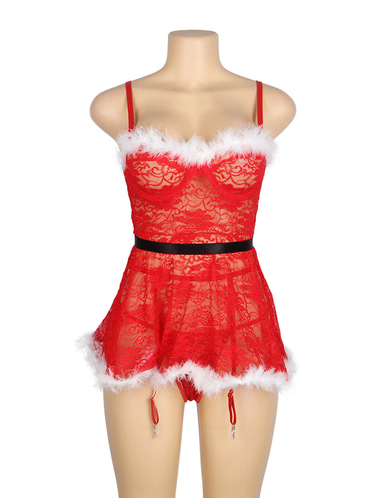 New Christmas Sexy Floral Babydoll with Garter Belt