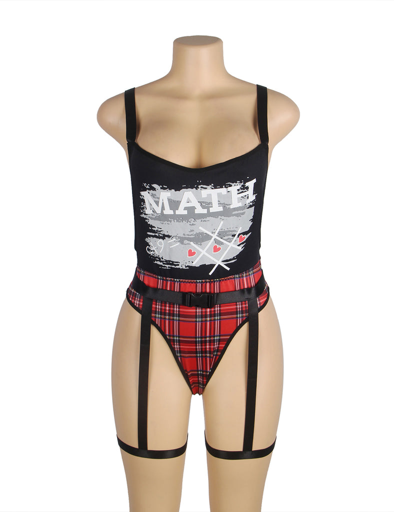 Black Double Shoulder Straps Red Plaid Bodysuit Costume with Wait Belt
