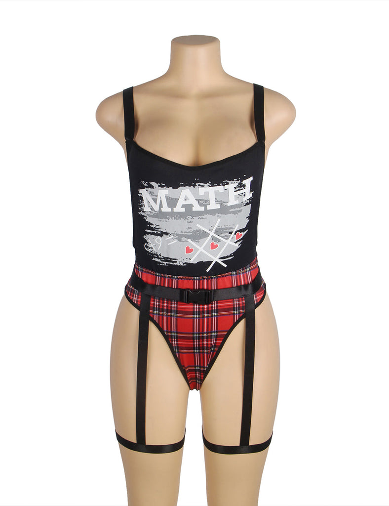 Black Double Shoulder Straps Red Plaid Bodysuit Costume Egypt with Wait Belt