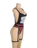 Black Double Shoulder Straps Red Plaid Bodysuit Costume with Wait Belt