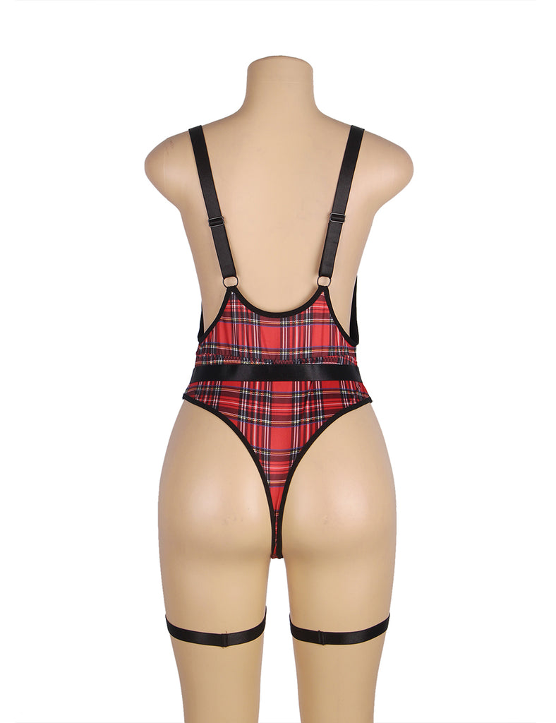 Black Double Shoulder Straps Red Plaid Bodysuit Costume with Wait Belt