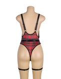 Black Double Shoulder Straps Red Plaid Bodysuit Costume with Wait Belt