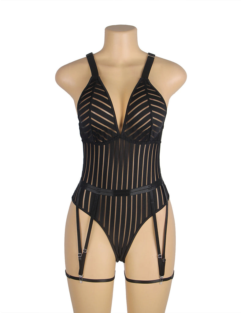 Sexy Egypt Black Striped Patterns Crossing Strap Back Design Bodysuit with Garter Belt
