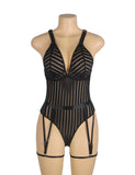 Sexy Egypt Black Striped Patterns Crossing Strap Back Design Bodysuit with Garter Belt