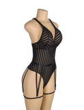 Sexy Egypt Black Striped Patterns Crossing Strap Back Design Bodysuit with Garter Belt