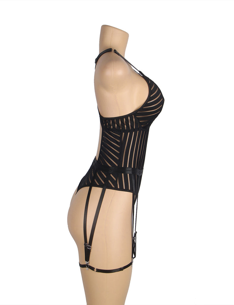 Black Striped Patterns Crossing Strap Back Design Bodysuit with Garter Belt