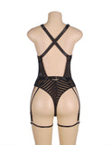 Black Striped Patterns Crossing Strap Back Design Bodysuit with Garter Belt