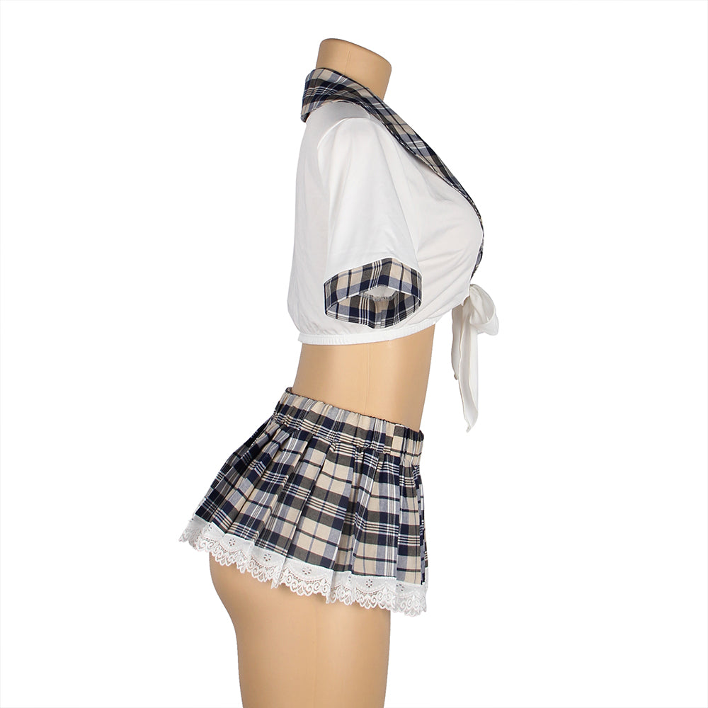 Sexy White Crop Top Plaid Skirt Cosplay Suit Uniform